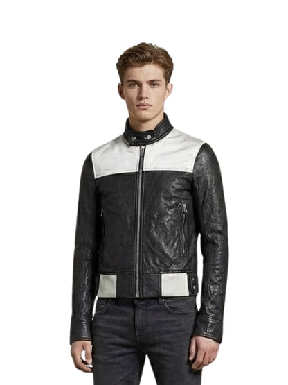 Man wearing a black and white leather jacket on a white background