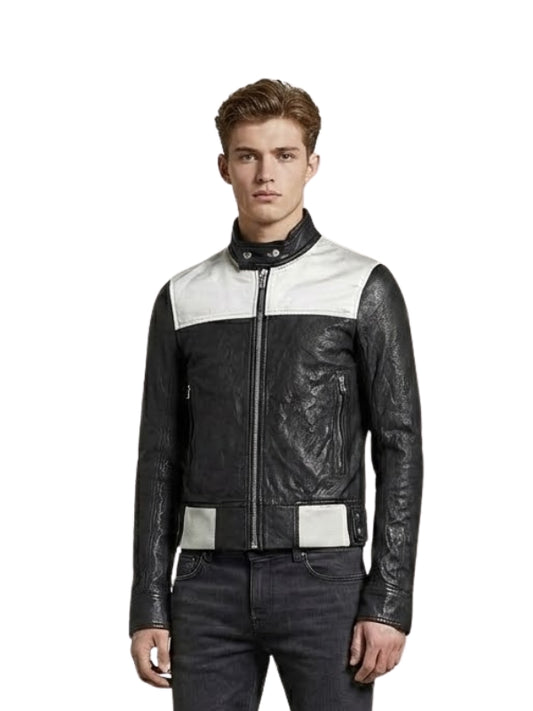 Man wearing a black and white leather jacket on a white background