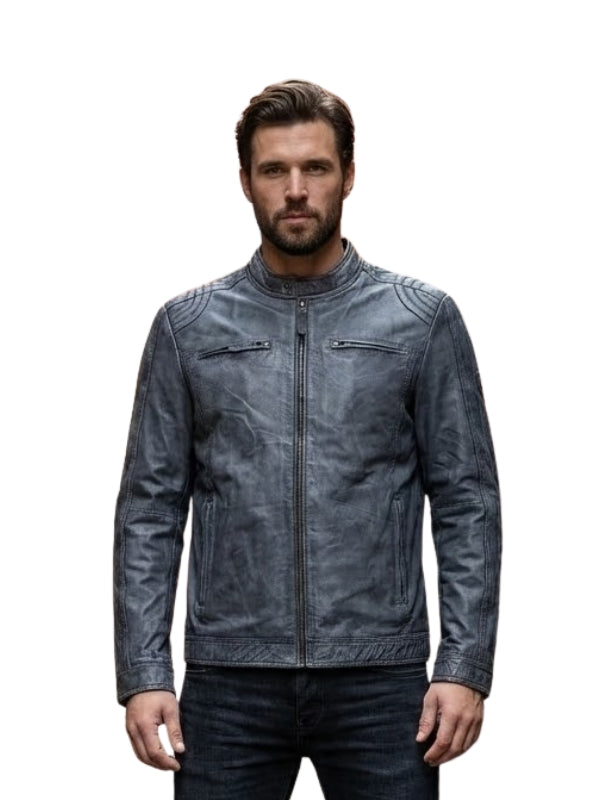 Man wearing a blue leather jacket on a white background