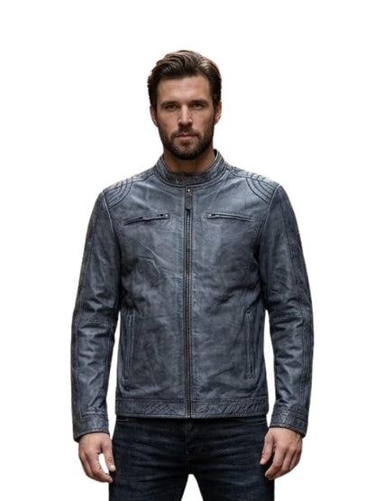 Man wearing a blue leather jacket on a white background