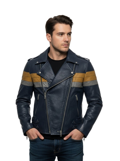 Man wearing a black leather jacket with yellow and gray stripes on a white background
