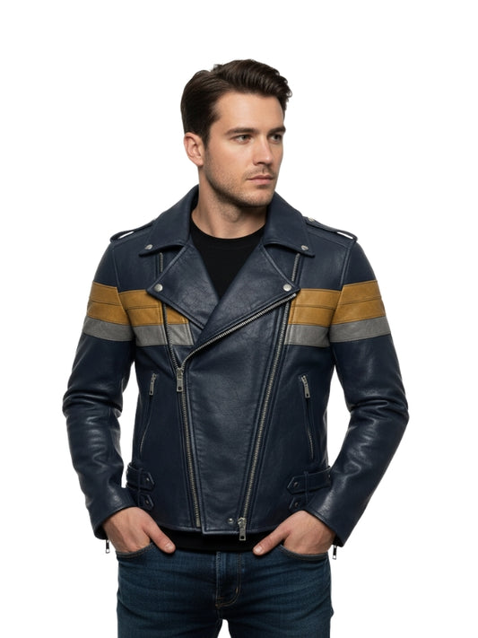 Man wearing a black leather jacket with yellow and gray stripes on a white background