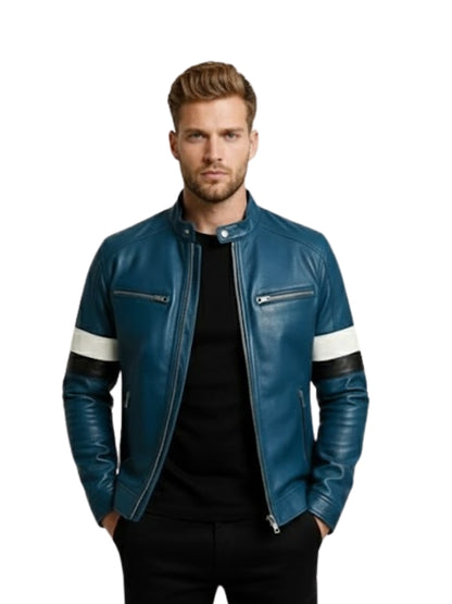 Men's Blue Leather Biker Jacket: 'WHAT?'