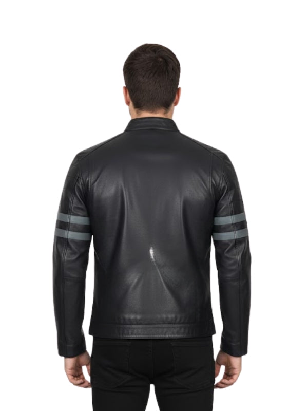 Black leather jacket with gray stripes on sleeves worn by a person on a white background