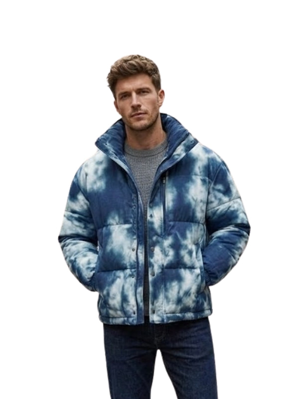 Man wearing a blue tie-dye jacket on a white background