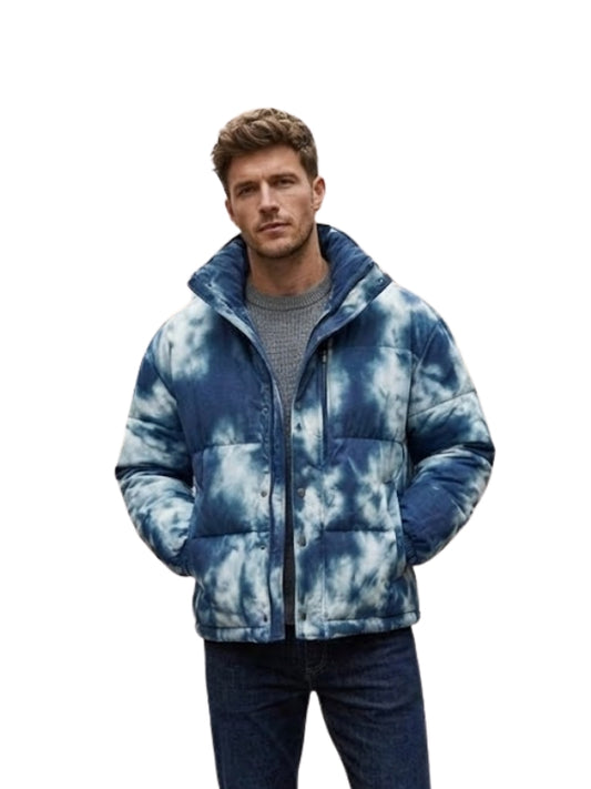 Man wearing a blue tie-dye jacket on a white background
