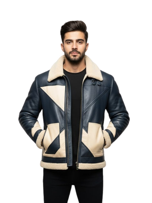 Man wearing a black and beige patterned jacket on a white background