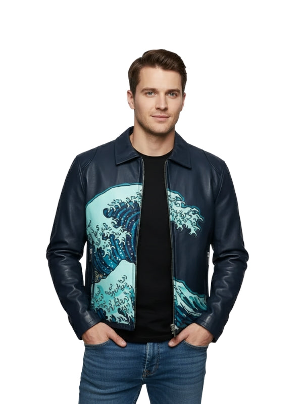 Man wearing a black leather jacket with a wave design on a white background