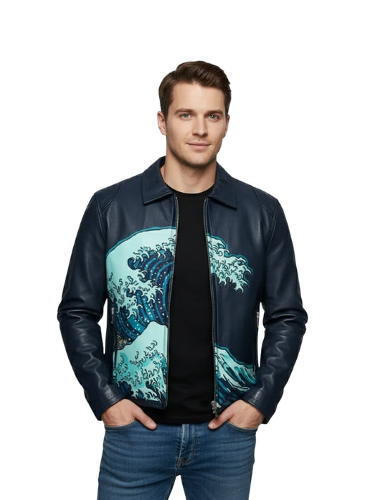 Man wearing a black leather jacket with a wave design on a white background