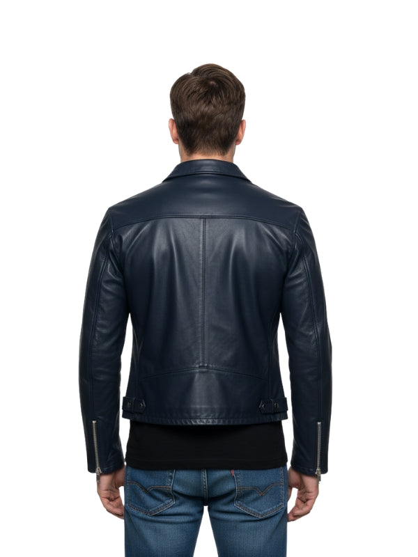 Man wearing a black leather jacket on a white background