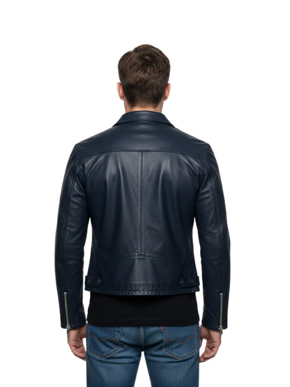 Man wearing a black leather jacket on a white background