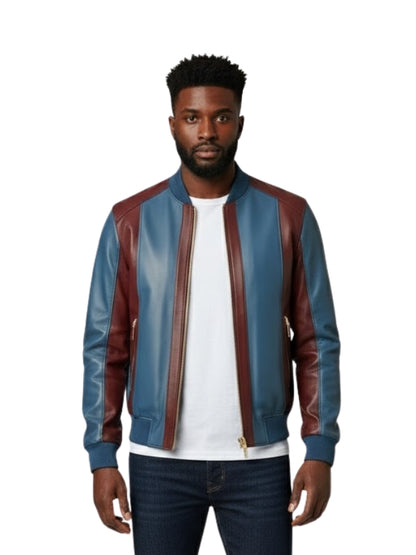 Man wearing a blue and brown leather jacket on a white background