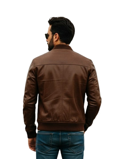 Man wearing a brown leather jacket on a white background