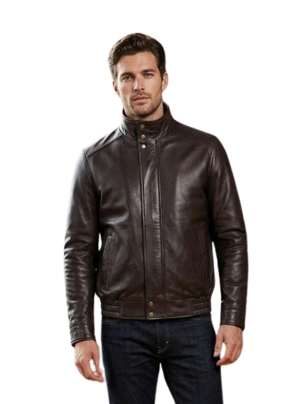 Man wearing a brown leather jacket on a white background