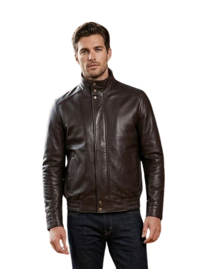 Man wearing a brown leather jacket on a white background