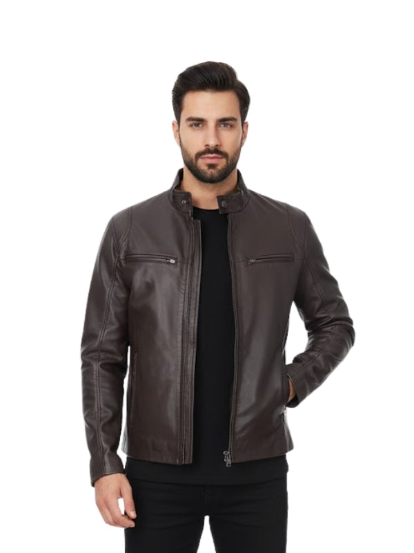 Man wearing a brown leather jacket on a white background
