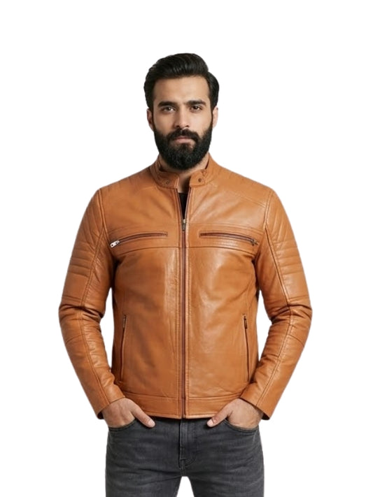 Man wearing a brown leather jacket on a white background