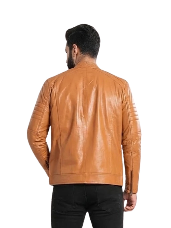 Man wearing a tan leather jacket on a white background