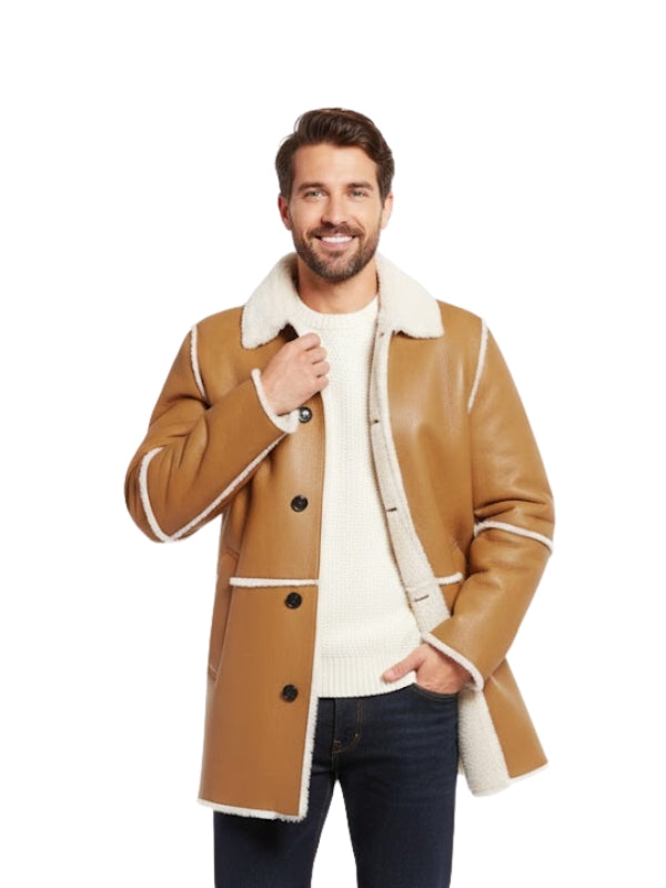 Men's Brown Camel Fur Style Collar Real Shearling Leather Coat