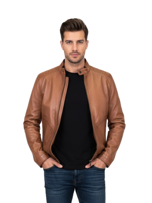 Men's Brown Classic Casual Genuine Retro Biker Jacket