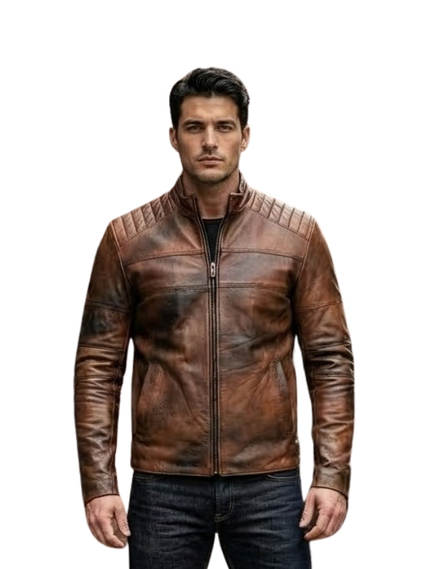 Man wearing a brown leather jacket on a white background