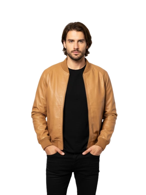 Men's Brown Genuine Sheepskin Motorcycle Bomber Jacket