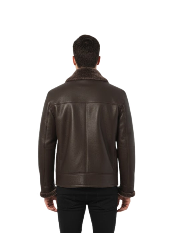 Men's Brown Handmade Slim Fit Shearling Bomber Leather Jacket
