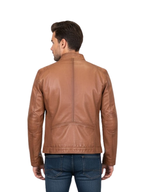 Man wearing a brown leather jacket on a white background