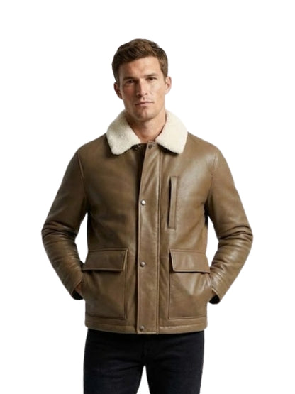 Man wearing a brown leather jacket with white fur lining on a white background