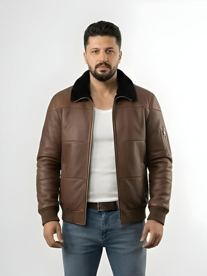 Men's Brown Sheepskin Leather Aviator Bomber Jacket