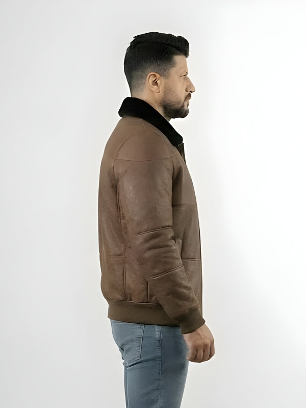 Men's Brown Sheepskin Leather Aviator Bomber Jacket