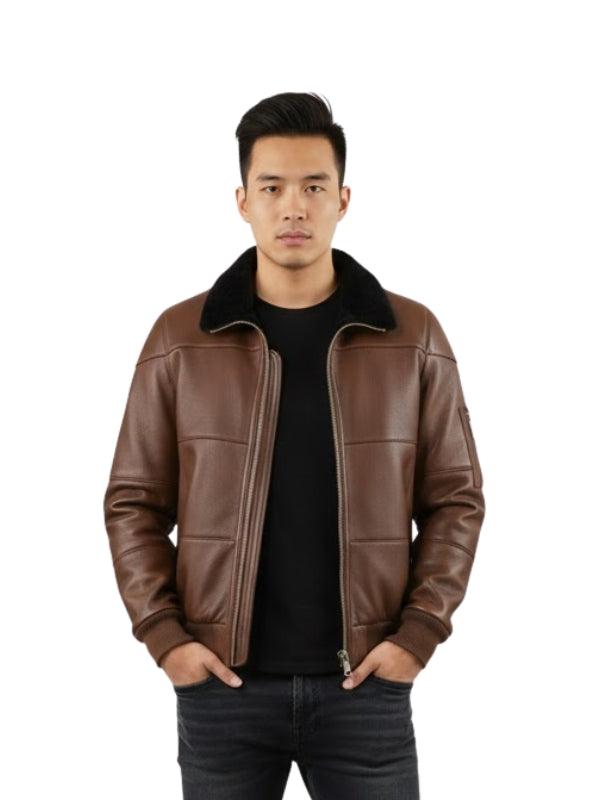 Man wearing a brown leather jacket on a white background