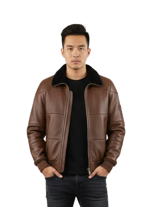 Man wearing a brown leather jacket on a white background