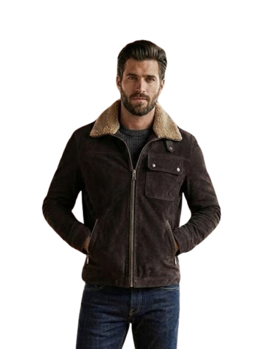 Man wearing a brown jacket with a fur collar on a white background