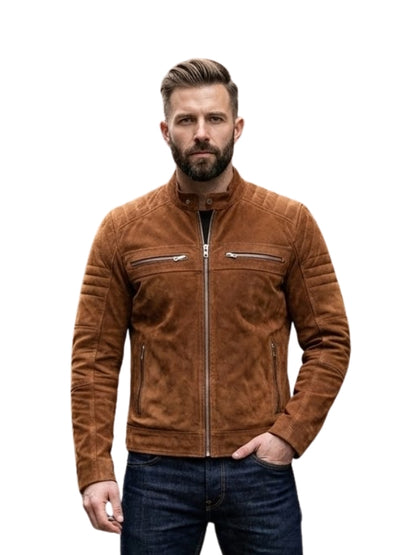 Man wearing a brown leather jacket on a white background