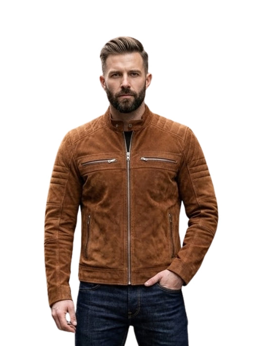 Man wearing a brown leather jacket on a white background