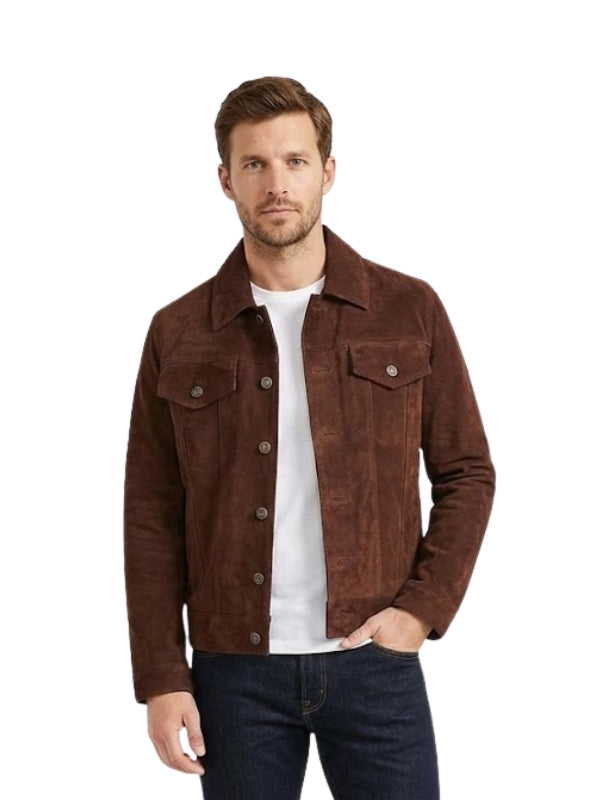 Man wearing a brown suede jacket over a white shirt on a white background