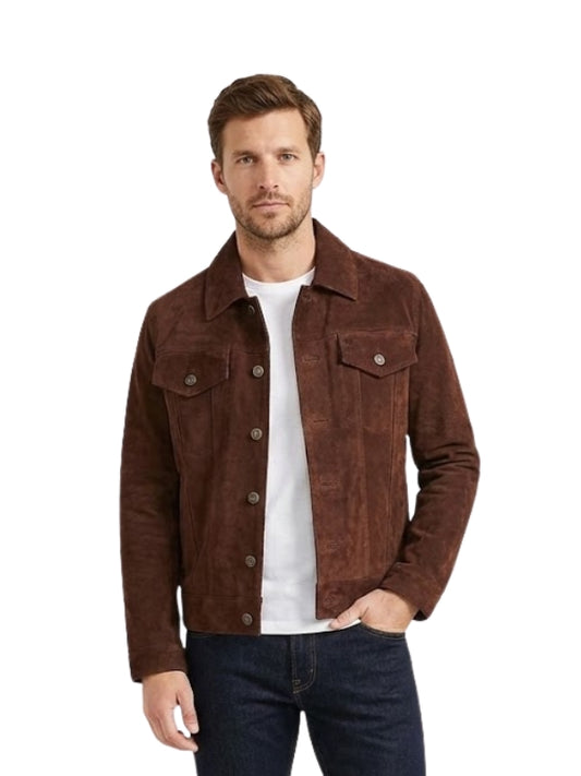 Man wearing a brown suede jacket over a white shirt on a white background