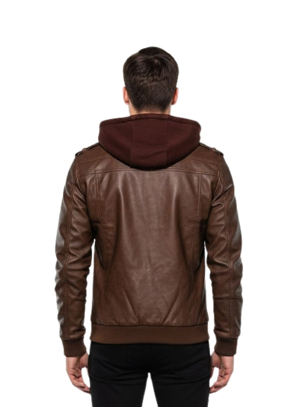 Brown leather jacket with hood on a white background