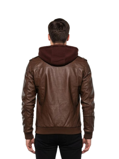 Brown leather jacket with hood on a white background