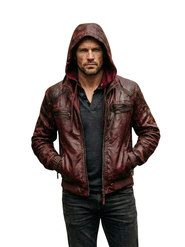 Men's Burgundy Distressed hooded - Bomber Jacket