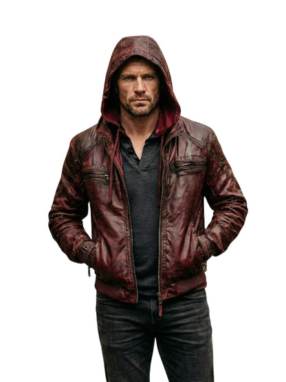 Men's Burgundy Distressed hooded - Bomber Jacket