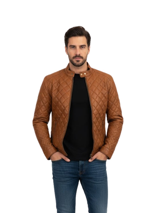 Man wearing a brown quilted jacket and blue jeans on a white background