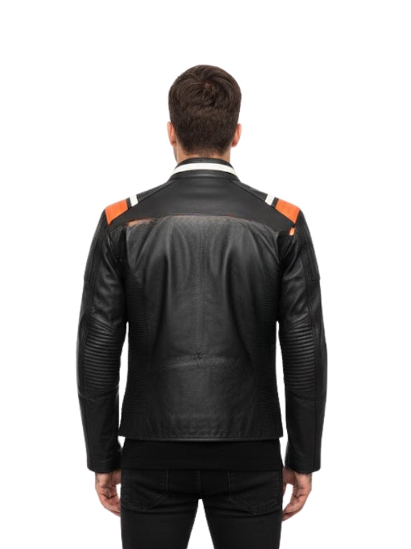Black leather jacket with orange accents on a white background