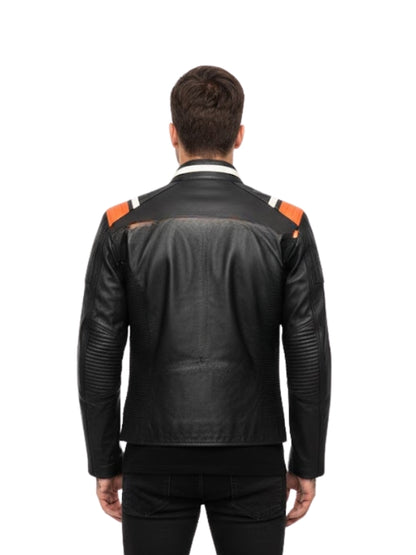 Black leather jacket with orange accents on a white background