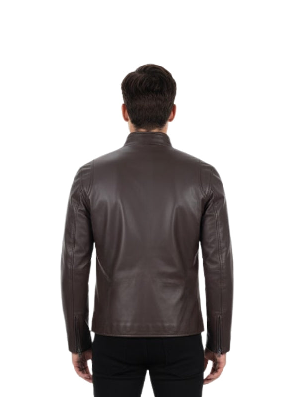 Man wearing a brown leather jacket on a white background