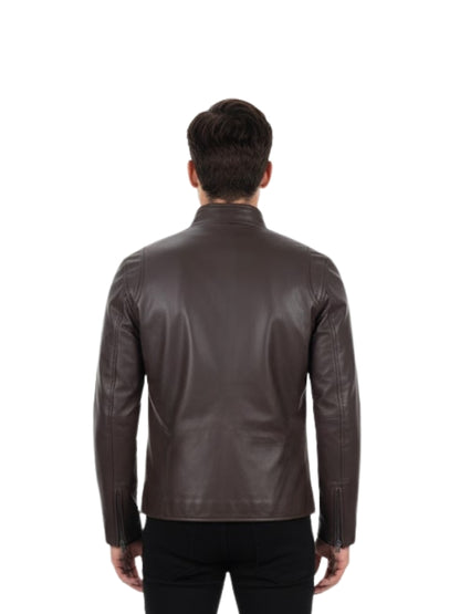 Man wearing a brown leather jacket on a white background