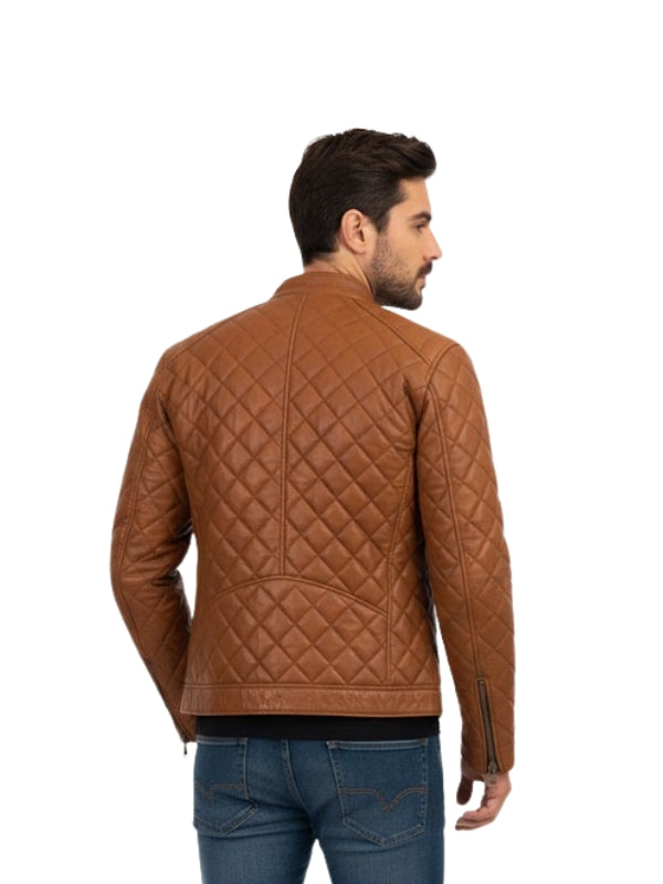 Man wearing a brown quilted jacket on a white background