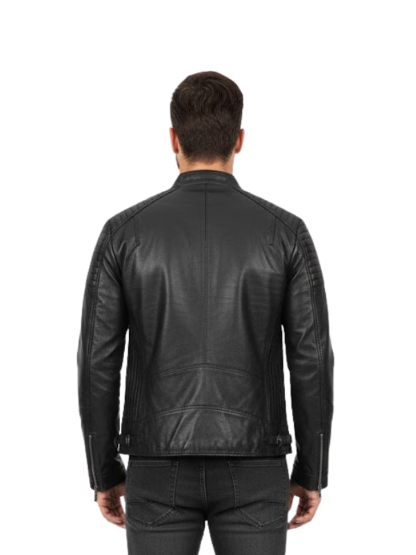 Man wearing a black leather jacket on a white background