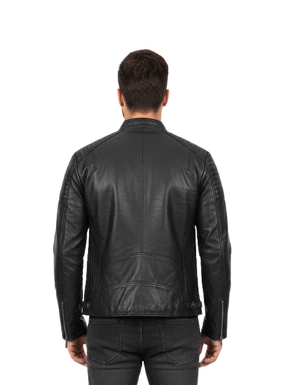 Man wearing a black leather jacket on a white background